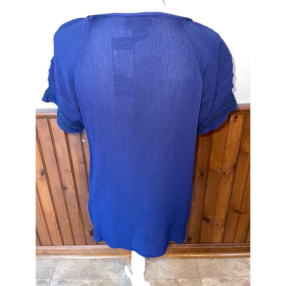 NWT Womens Liv Los Angeles Blue Boho Floral Embroidered Tassel Short Sleeve Top - Picture 6 of 8